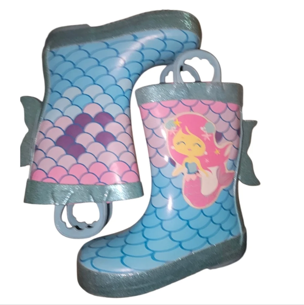 Members Mark Girls Mermaid Rain Boots - Pink & Blue Mermaid Scale Print